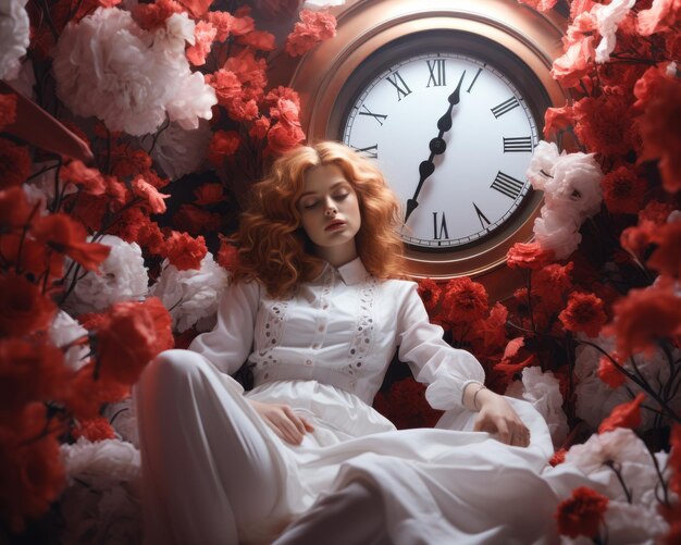 a woman with red hair sitting in front of a clock