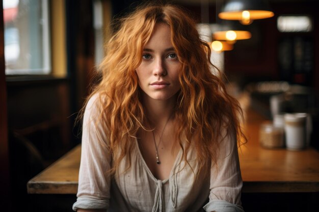 a woman with red hair sitting at a table