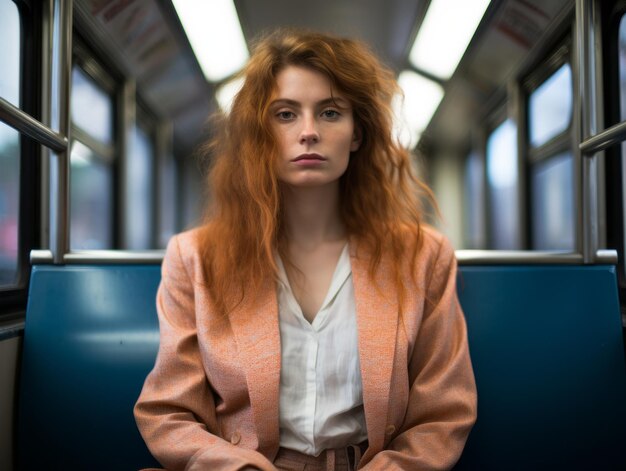 a woman with red hair sitting on a train