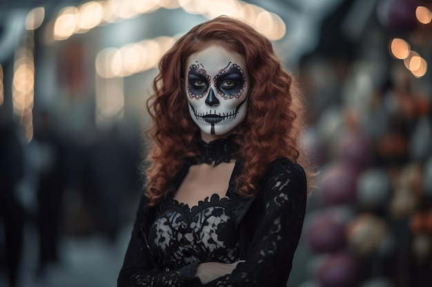 A woman with red hair and a skull face is standing in front of a store.