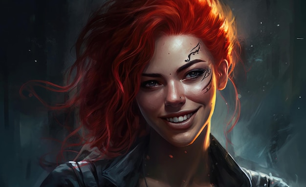 A woman with red hair and a smile on her face