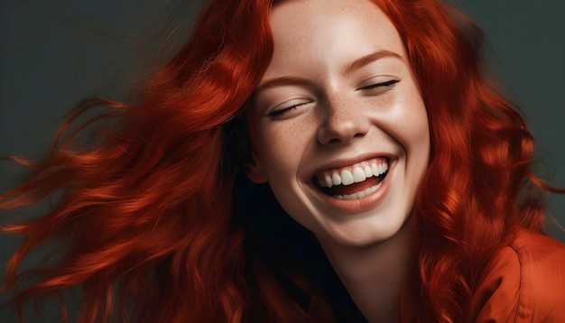 A woman with red hair smiles and her eyes closed.