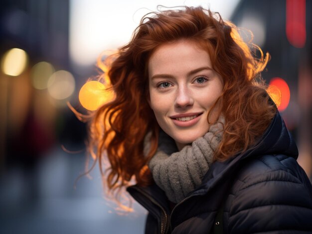 a woman with red hair smiling in the city