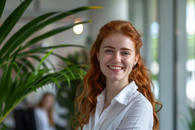 Photo a woman with red hair smiling in front of a plant