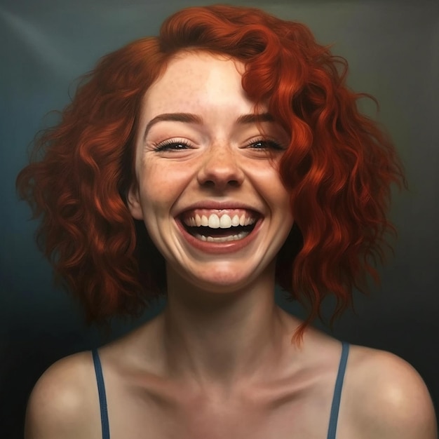 a woman with red hair smiling and showing her teeth.