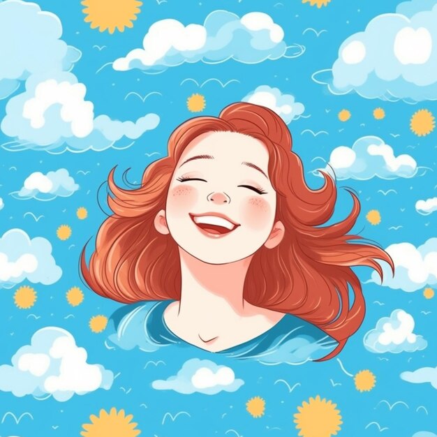 A woman with red hair smiling in the sky with clouds generative ai