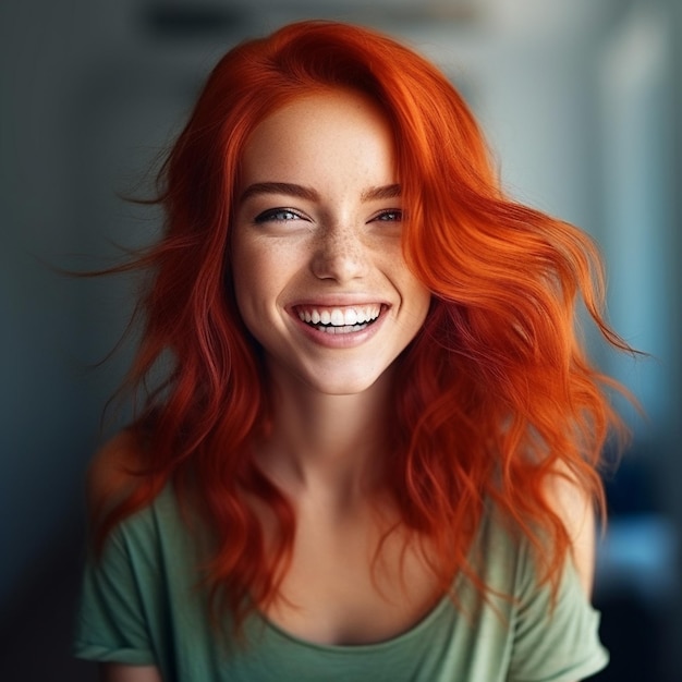 a woman with red hair smiling and smiling.