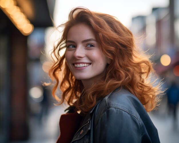 a woman with red hair smiling in the street