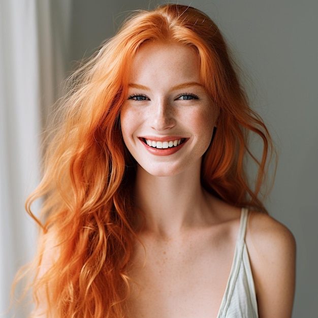 a woman with red hair smiling with a white shirt on.