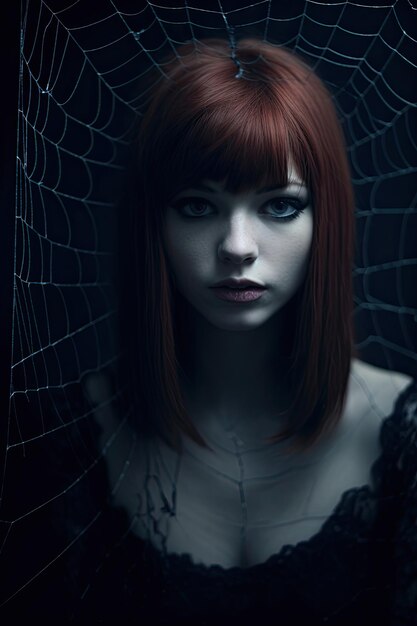 a woman with red hair and a spider web