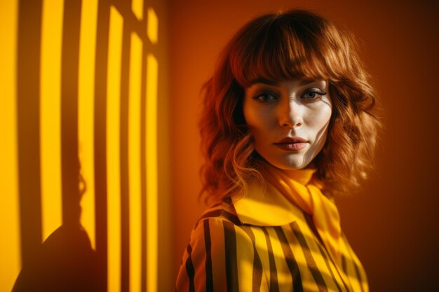 A woman with red hair standing in front of a yellow wall