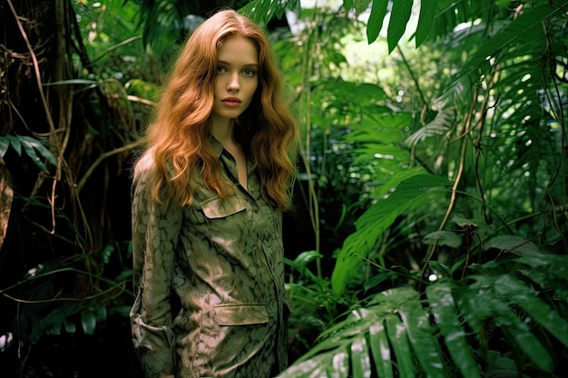 A woman with red hair standing in the jungle