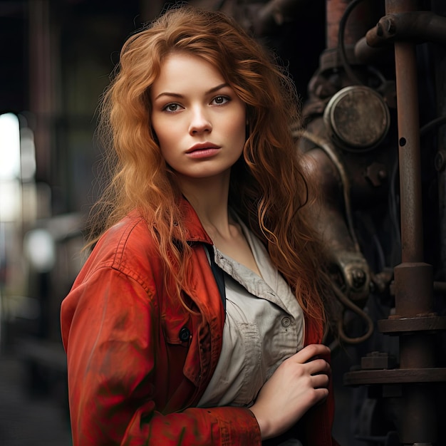 A woman with red hair standing next to a machine