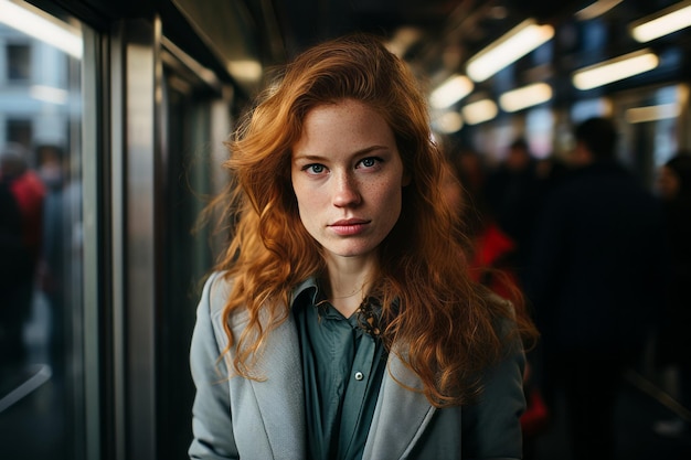 a woman with red hair standing on a train