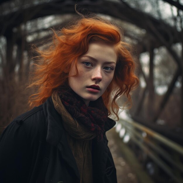 a woman with red hair standing in the woods