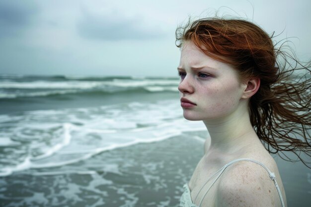 A woman with red hair stands on a beach looking out at the ocean