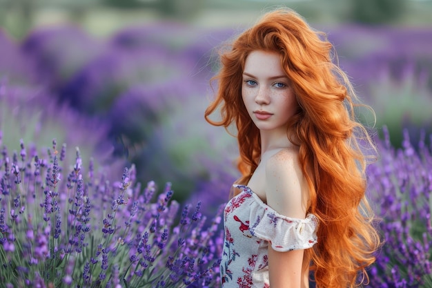 A woman with red hair stands in a field of purple flowers