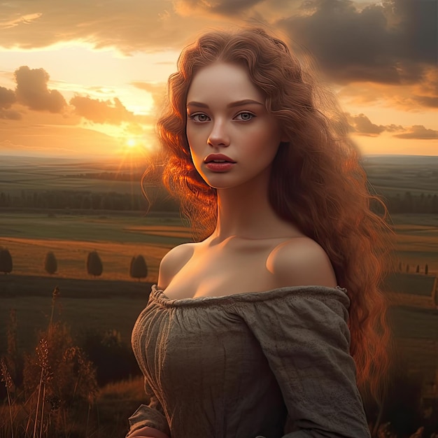 A woman with red hair stands in a field with a sunset in the background.