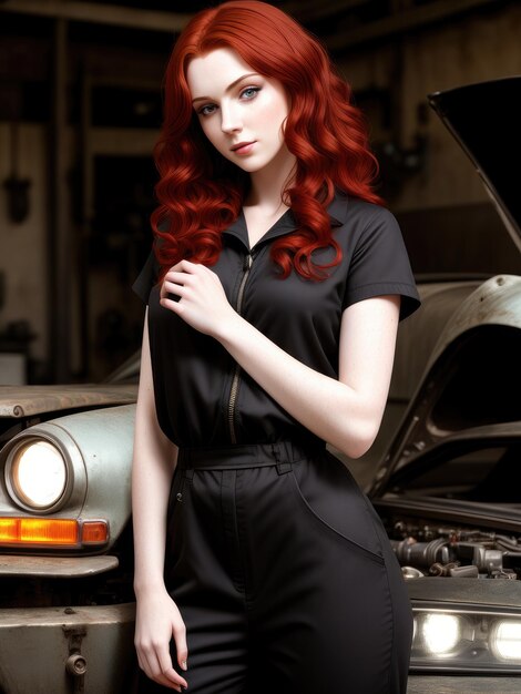 A woman with red hair stands in front of a car with the hood open.