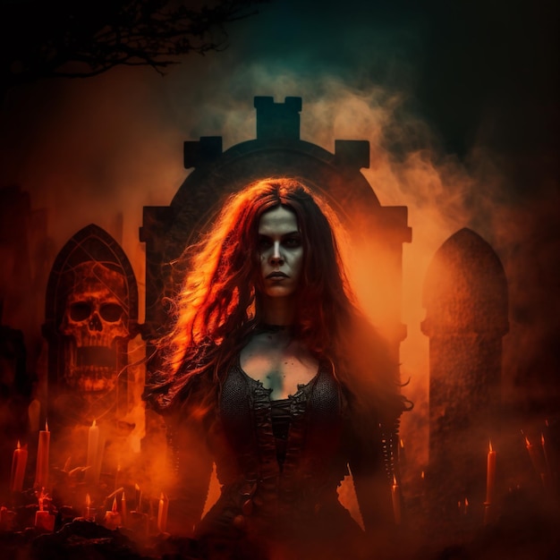 A woman with red hair stands in front of a cemetery with a skull in the background.