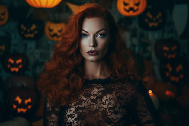 A woman with red hair stands in front of halloween pumpkins.