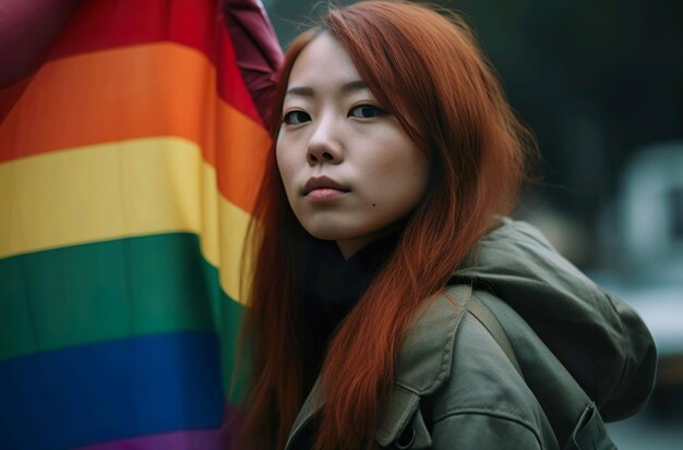 Photo a woman with red hair stands in front of a rainbow flag.