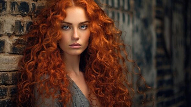 A woman with red hair stands in front of a window.