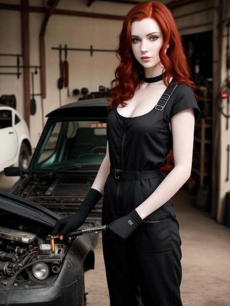A woman with red hair stands in a garage with a car in the background.