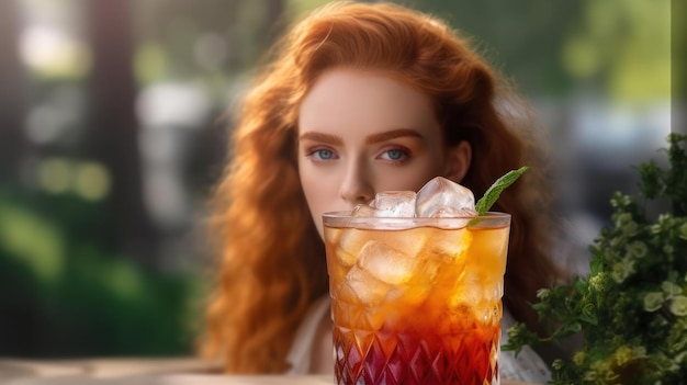 A woman with red hair stands behind a glass of iced tea.