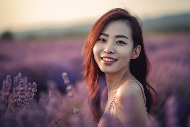 A woman with red hair stands in a lavender field