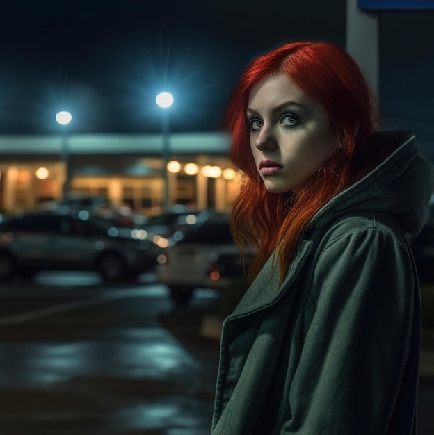 A woman with red hair stands in a parking lot