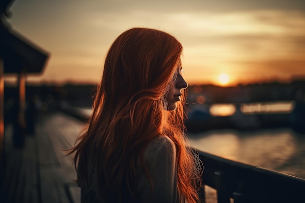 A woman with red hair stands on a pier looking out at the sunset.