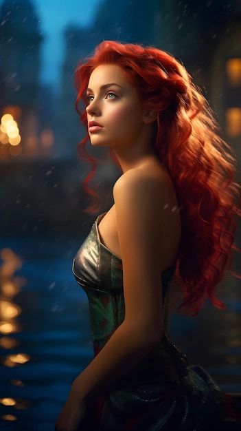 A woman with red hair stands in the rain