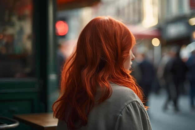 A woman with red hair stands in a street looking at a street scene.