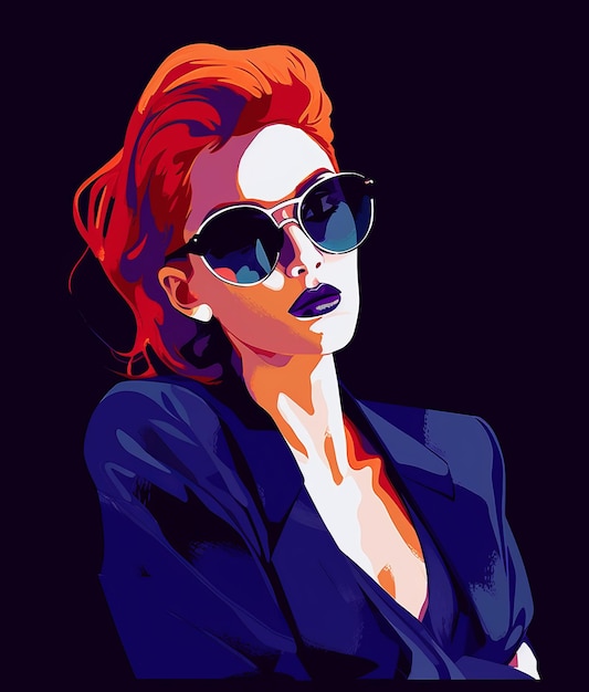 A woman with red hair and sunglasses in a black jacket