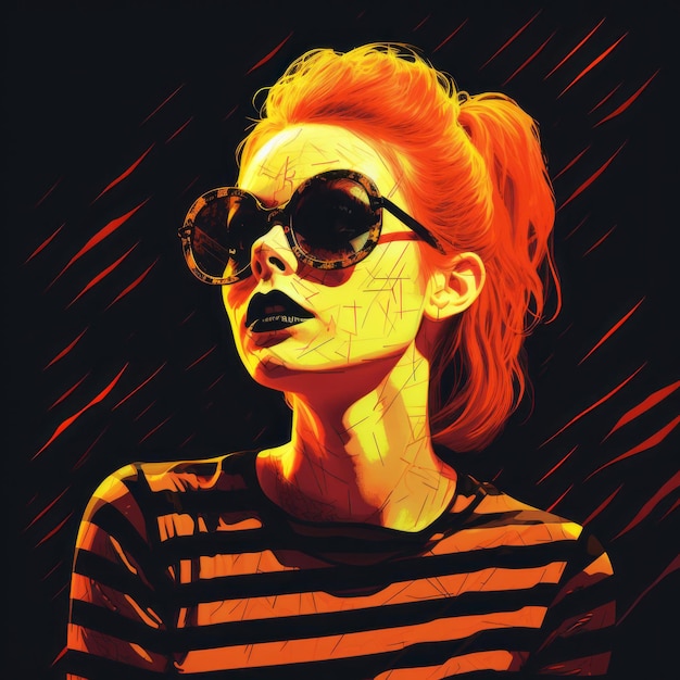 a woman with red hair and sunglasses in a black and white striped shirt