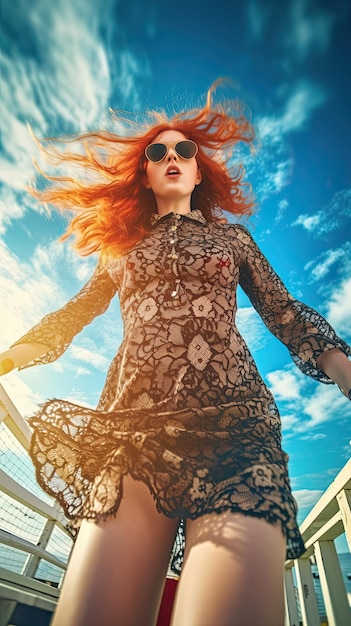 a woman with red hair and sunglasses is posing for picture