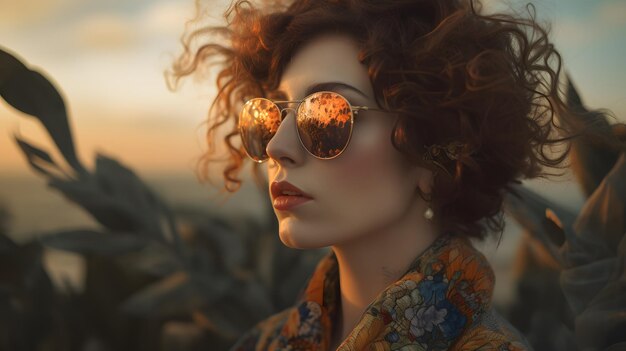 A woman with red hair and sunglasses looks at the sunset