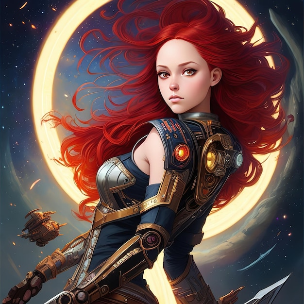 A woman with red hair and a sword in front of a moon.