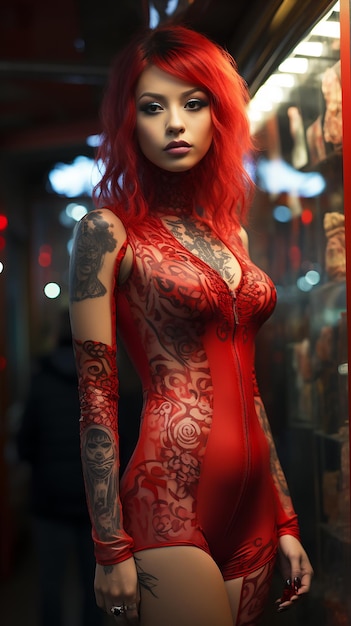 a woman with red hair and a tattoo on her arm