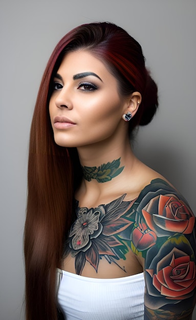A woman with red hair and tattoos on her shoulder