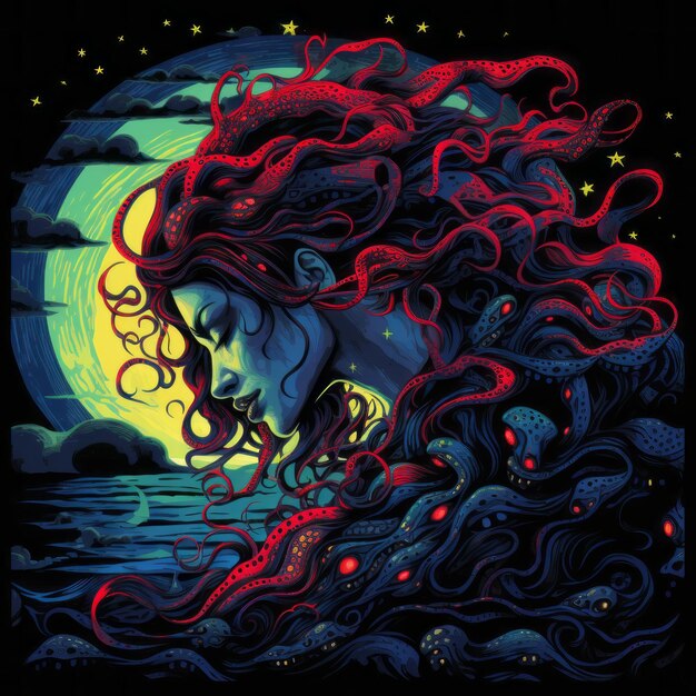 женщина с рыжими волосами и щупальцами в океане
