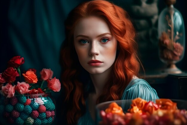 A woman with red hair and a vase of flowers