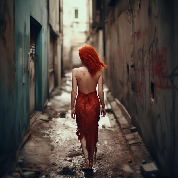 A woman with red hair walks down a dirty alley.