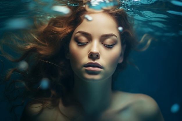 Photo a woman with red hair under water with bubbles