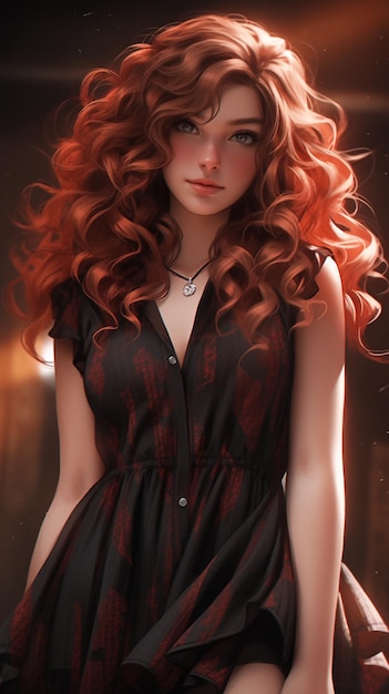 은색 목걸이와 함께 검은색 드레스를 입은 빨간 머리의 여성.