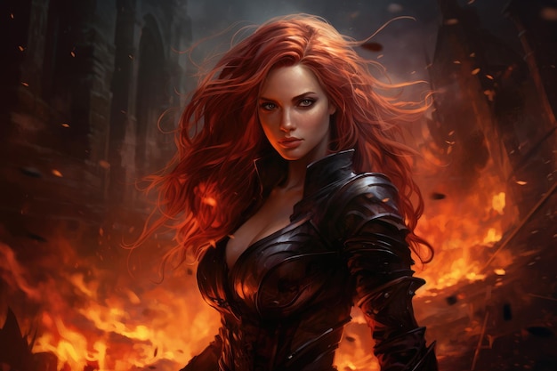 a woman with red hair wearing a black leather outfit