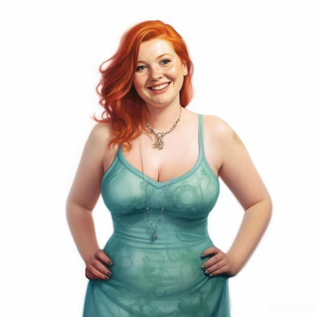 a woman with red hair wearing a green dress with a necklace on it