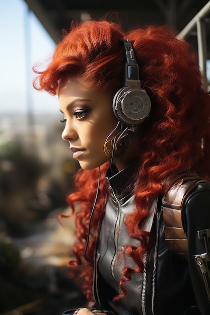 a woman with red hair wearing headphones