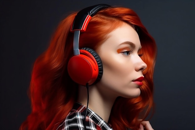 A woman with red hair wearing headphones